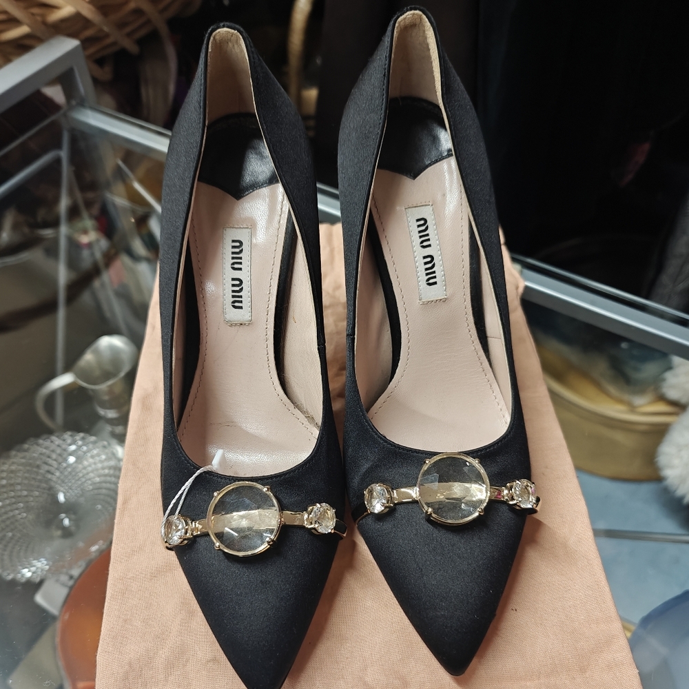 Miu Miu Black Satin Pumps 37.5 Gold and Gem Toe Ornaments EUC